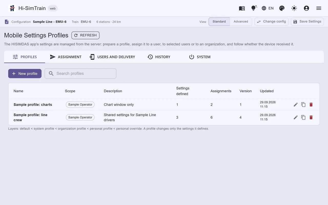Mobile settings profiles: HISIMDAS settings are prepared and assigned centrally.