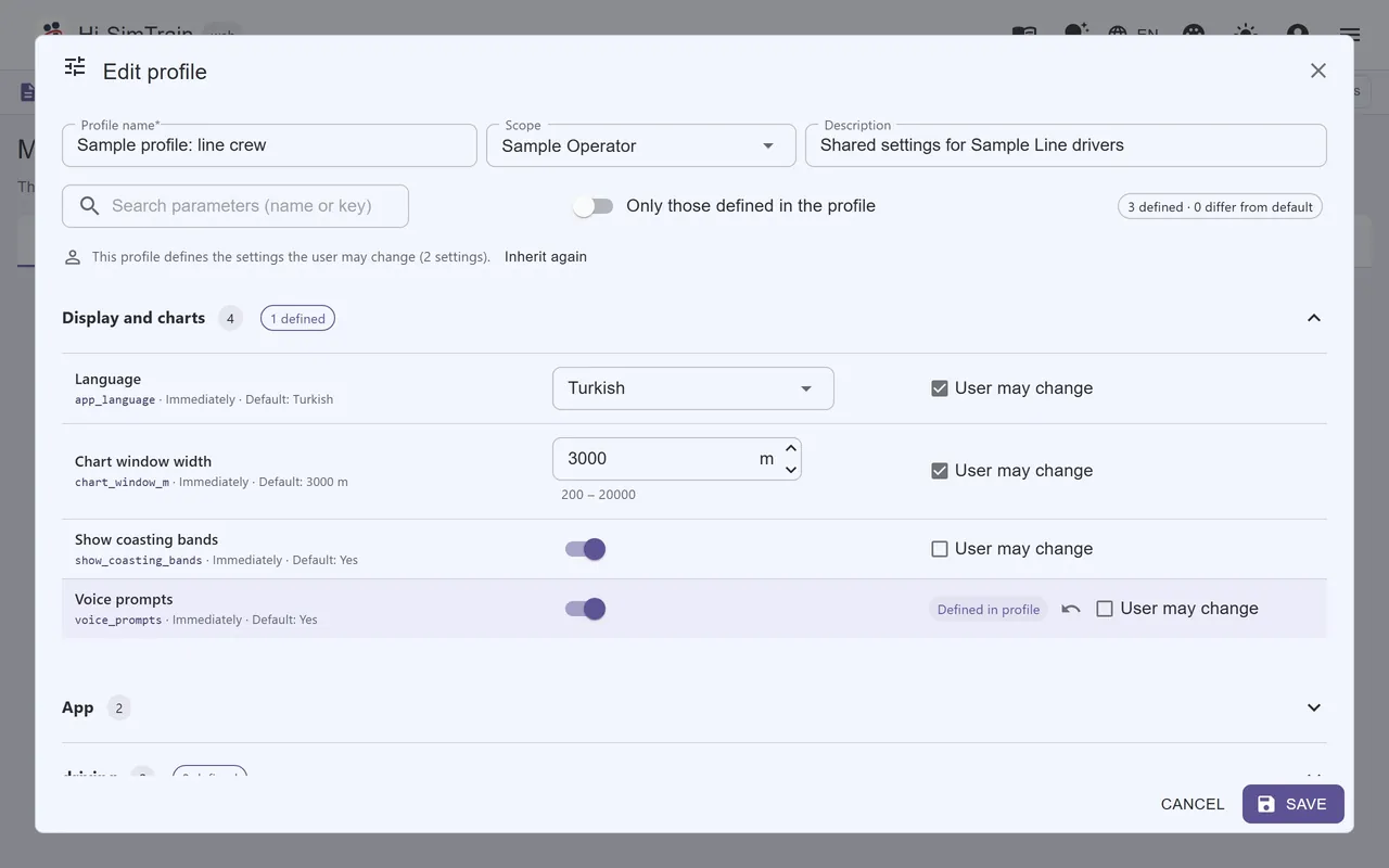 Profile editing: each setting's value and whether the driver may change it.