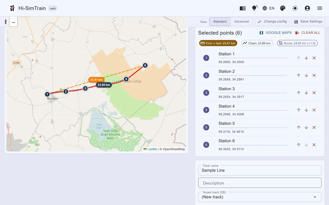 Track Builder: route and metre-spaced position trace from stations picked on the map.