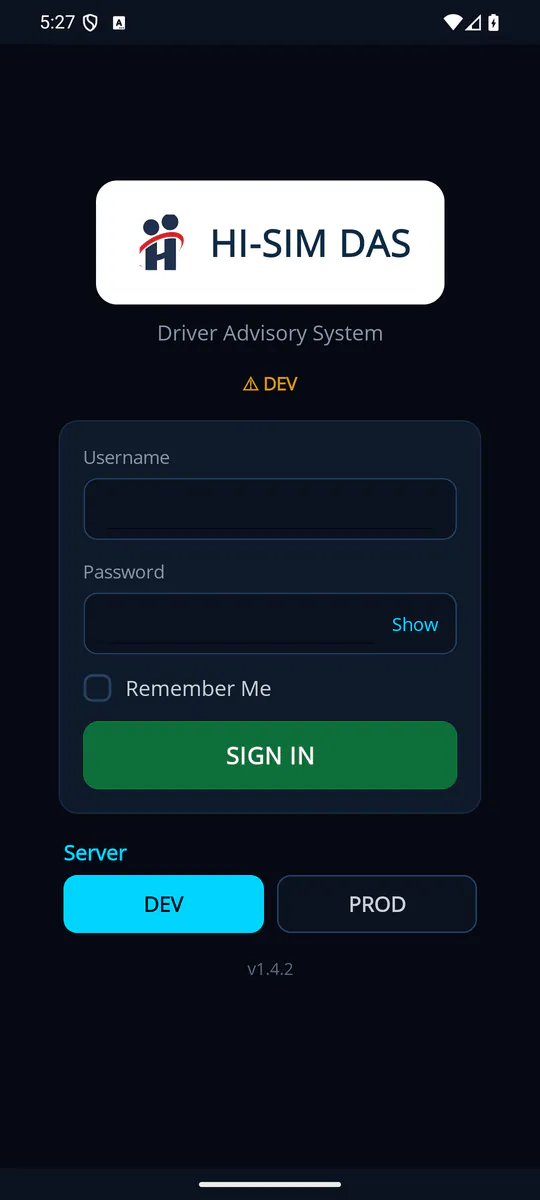 HISIMDAS Sign in: server choice (DEV / PROD), username and password