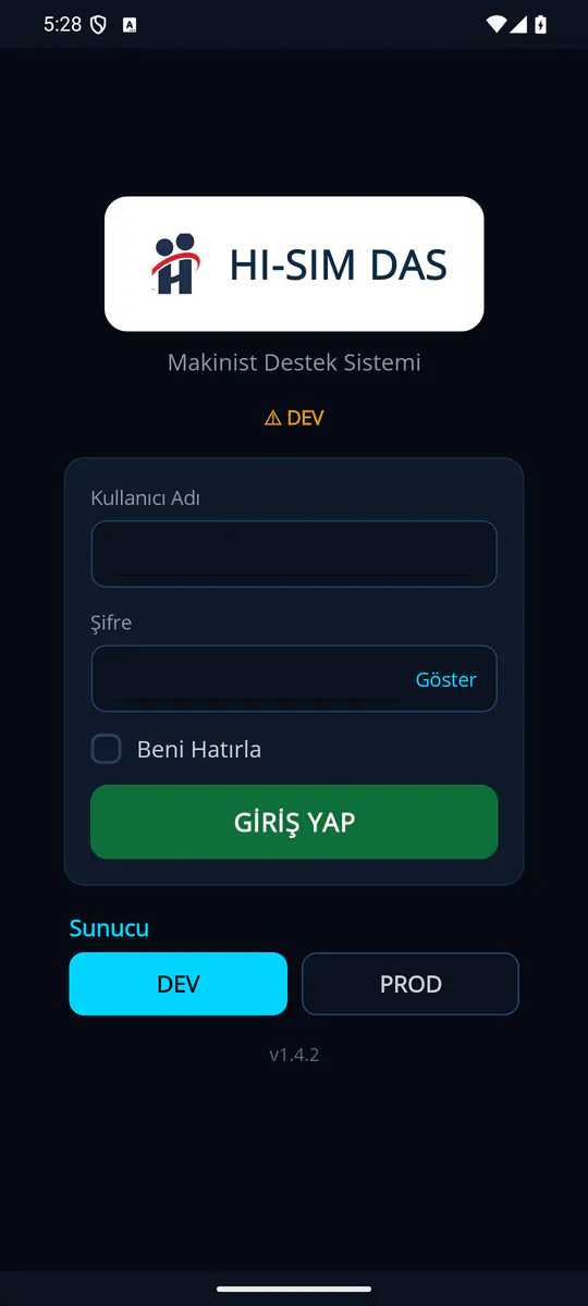 HISIMDAS Giriş: sunucu seçimi (DEV / PROD), kullanıcı adı ve şifre