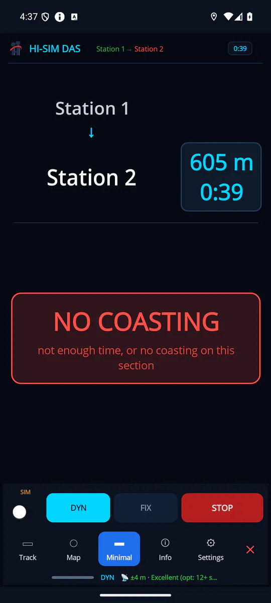HISIMDAS Minimal 2: next station, remaining distance and time; the NO COASTING card